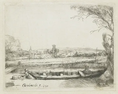 Canal with a large boat and a bridge ('Het schuytje op de voorgrond')