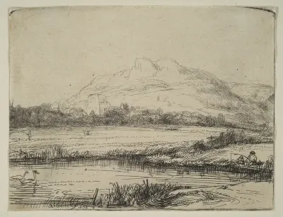 Canal with an Angler and Two Swans
