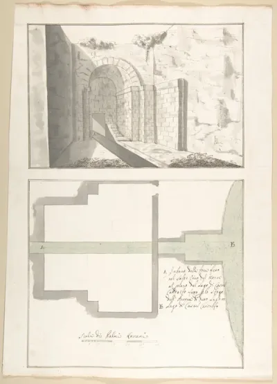 Canalization of the Mouth of the Sasso Vino into the Lake of Castel Gandolfo: Perspective and Plan