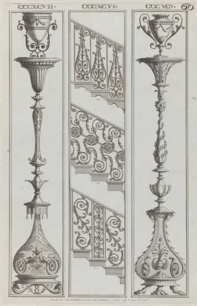 Candelabra Designs and Stair Railing Designs, nos. CCCXCV–CCCXCVII and 398–400, plate 60 from "Designs for Various Ornaments"