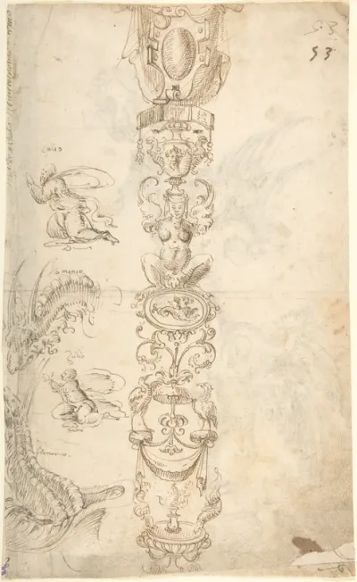 Candelabra grotesque and studies of kneeling figures (recto); two sphinxes (verso)