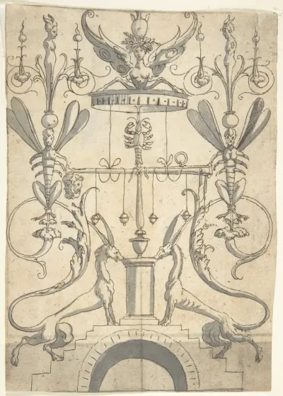 Candelabra Grotesque on a Pedestal with Fantastical Creatures and a Lobster