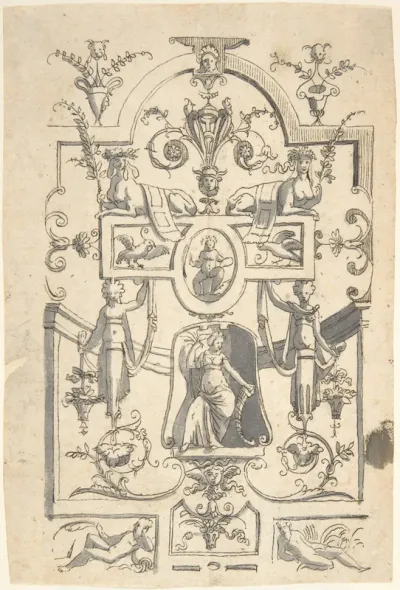 Candelabra Grotesque with a Female Figure in a Niche and Two Sphinxes