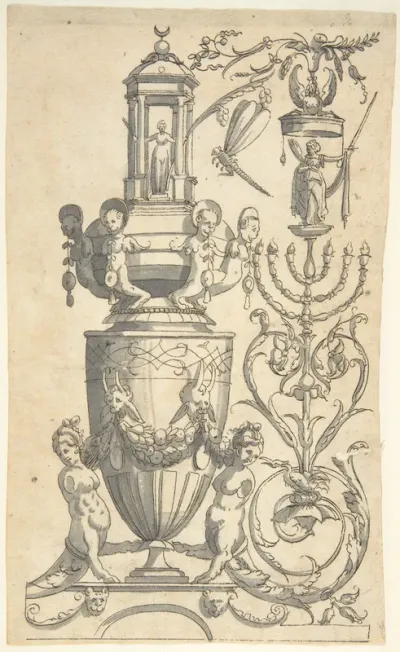 Candelabra Grotesque with a Large Vase Flanked by Sphinxes