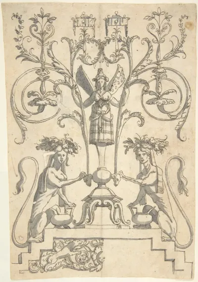 Candelabra Grotesque with a Winged Female Term on a Pedestal