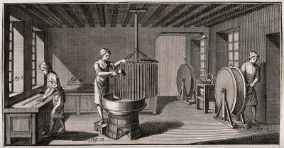 Candle makers' workshop: interior view, process of making candles