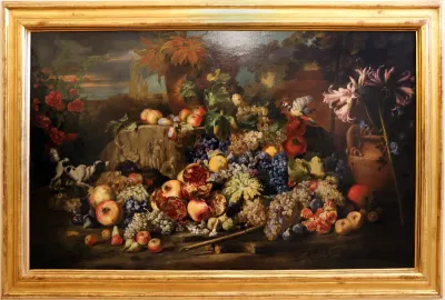 cane, uccello, vasi di terracotta e rilievo antico