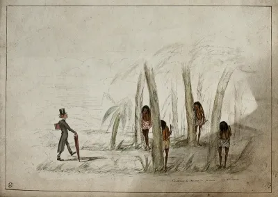 Cannibals armed with machetes prepare to ambush a missionary