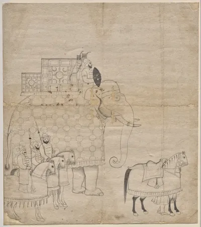 Caparisoned Elephant and Horses