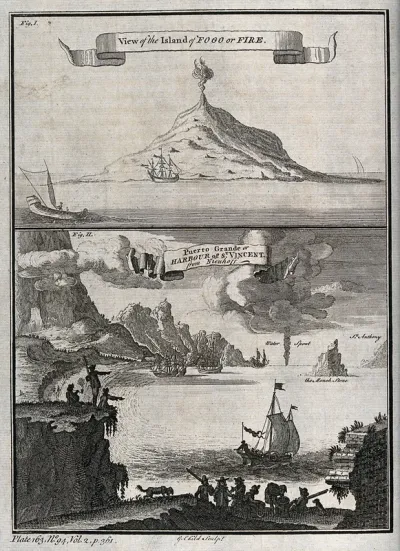 Cape Verde Islands: above, the volcanic island Fogo; below, the harbour of St Vincent (Porto Grande)