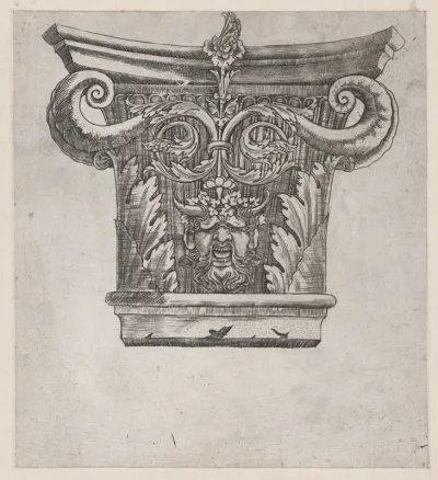 Capital with peapod volutes and satyr head, from "Speculum Romanae Magnificentiae"