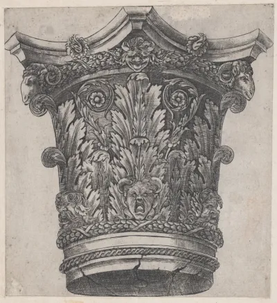 Capital with ram heads and masks, from "Speculum Romanae Magnificentiae"