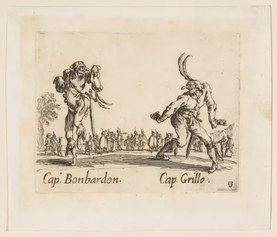 Capitano Bonbardon and Capitano Grillo, plate 13 from "Balli di Sfessania" (Dance of Sfessania)