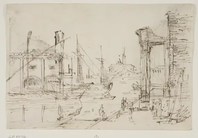 Capriccio med klassiske ruiner på en kaj, et bådehus, to gallejer, et sejlskibs to master bag dem, en kirke med kuppel i baggrunden
