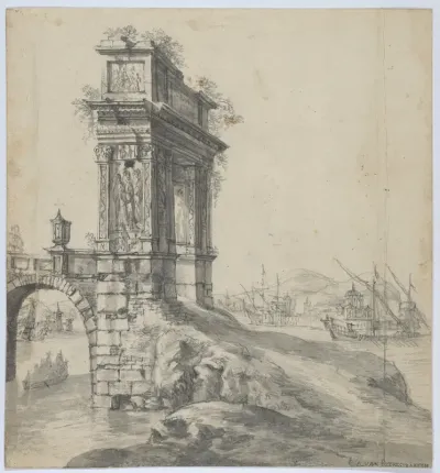 Capriccio of a Bridge with the Arcus Argentariorum by a Mediterranean Harbor