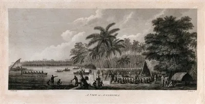 Captain Cook and his crew setting up a market on the island of Nomuka, Tonga, for trade with local people, who are seated in a circle, May 1777
