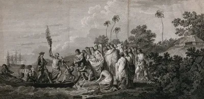 Captain Cook landing on 'Eua Island, Tonga, welcomed by its inhabitants
