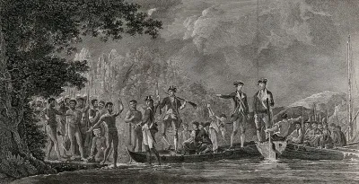 Captain Cook landing on the island of Malakula facing a crowd of local inhabitants