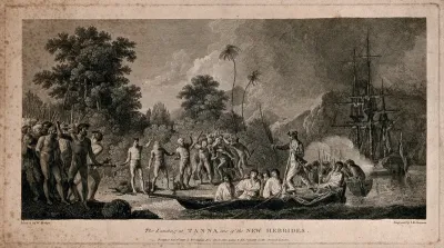 Captain Cook's landing on the island of Tanna amid a crowd of hostile inhabitants