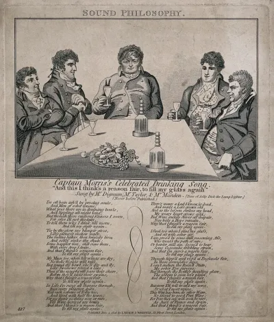 Captain Morris's drinking song illustrated by five men at a table drinking