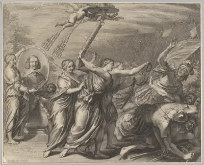 Cardinal (le Bret?) in oval with allegorigal figures and a battle scene