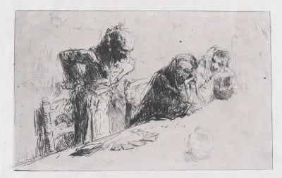 Cardplayers: three men, two seated one standing before a spread of cards on a table