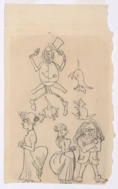 Caricature – A man tilting his top hat, jumping over a cat; humorous sketches of two cats; two women and a man