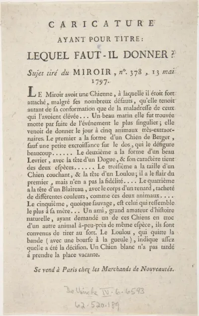 Caricature, Ayant Pour Titre: Lequel Faut-il Donner?, Sujet tiré du Miroir, no. 378, 13 Mai, 1797