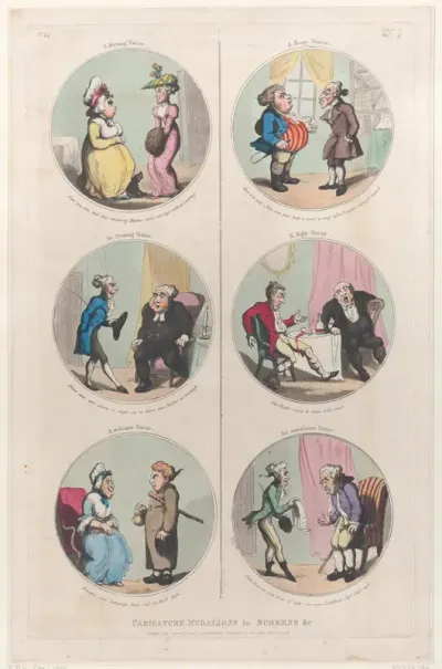 Caricature Medallions for Screens &c: A Morning Visitor, An Evening Visitor, A Welcome Visitor, A Noon Visitor, A Night Visitor, An Unwelcome Visitor