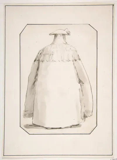 Caricature of a Fat Person Wearing a Long Cloak and a Tricorne, Seen from Behind