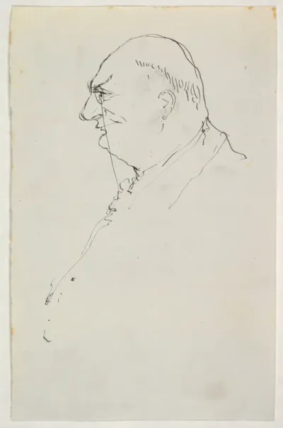 Caricature of a man in profile wearing a monocle