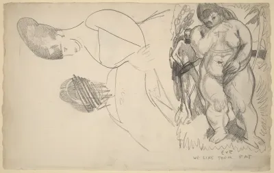 Caricature of Adam and Eve and Two Female Portrait Sketches