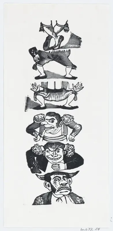 Caricature of three toreros (legs and torso/head)