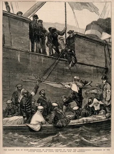 Carlist War, Spain: Spanish sick and wounded being carried on board the "Somorrostro"