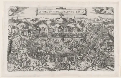 Carnival games held in the Mount Testaccio in Rome, from "Speculum Romanae Magnificentiae"