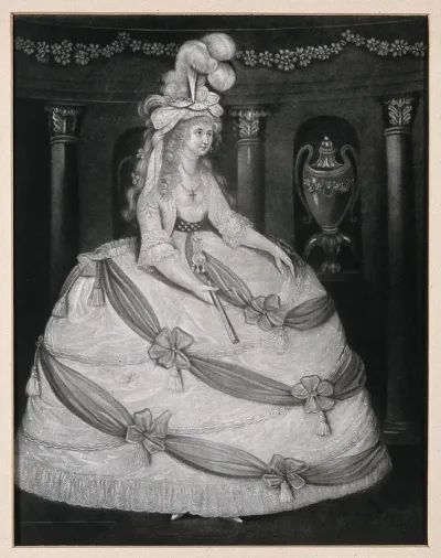 Caroline of Brunswick, Princess of Wales, wearing a lavish dress and a high head-dress of feathers