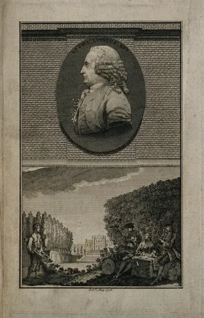 Carolus Linnaeus: (above) profile portrait; (below) studying a plant in the botanic garden of Uppsala University