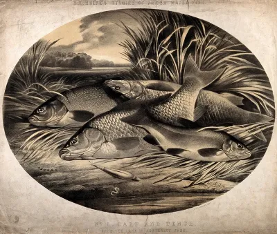 Carp and tench: four freshly-caught fish shown on the banks of the lake at Austerley Park