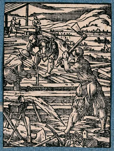 Carpenters working in the open air, making woodwork for mills, castles, bridges and ships