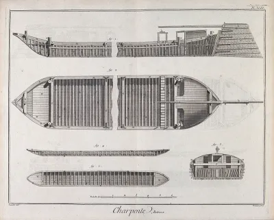 Carpentry: a heavy barge (top), and a lighter, plans and sections