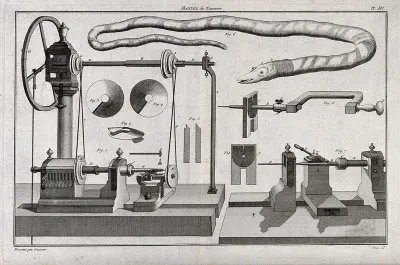 Carpentry: a lathe, with an assortment of tools and a snake (above)