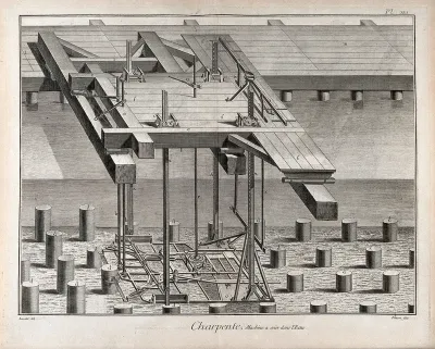 Carpentry: a machine, devised by Pierre Patte, for sawing piles to the correct length underwater