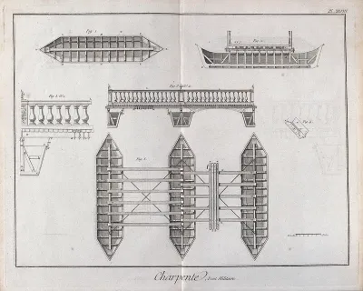 Carpentry: a military bridge on pontoons, plan, section, and elevation
