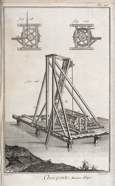 Carpentry: an oblique pile-driving machine, floating by a river bank