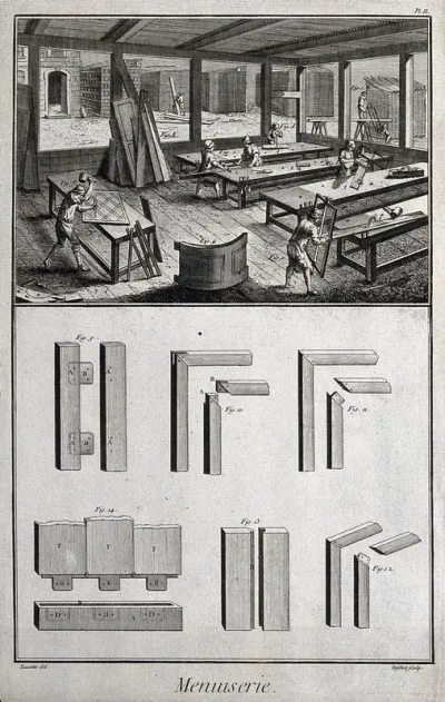 Carpentry: inside a joiner's workshop, with men at work (top), various types of joint (below)