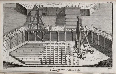 Carpentry: the foundations for a bridge, laid on piles inside a caisson