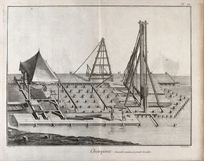 Carpentry: the foundations for a bridge, laid on piles without a caisson