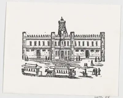 Carriages and people in a town square