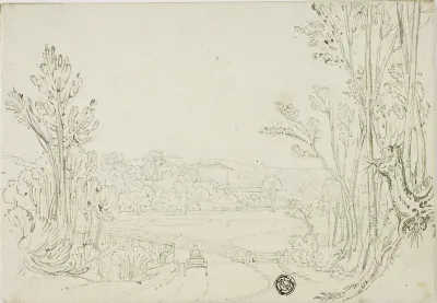 Cart Heading over Bridge Between Trees; Villa in Distance