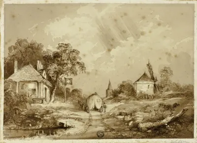 Cart on Road Flanked by Inn and Windmill